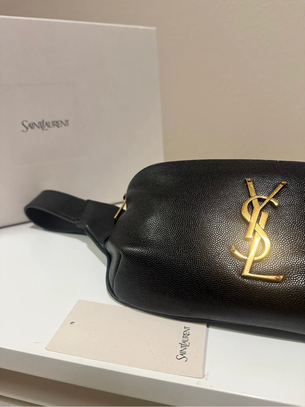 Saint Laurent YSL Cassandre Black Leather Belt Bag Full Set